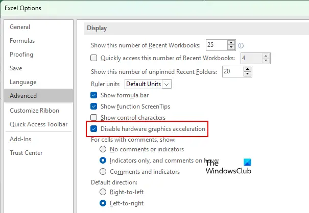 Disable Hardware Graphics Acceleration in Excel