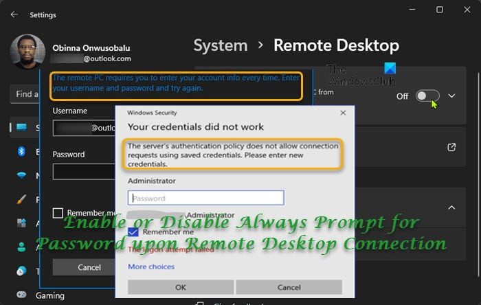 Enable or Disable Always Prompt for Password upon Remote Desktop Connection