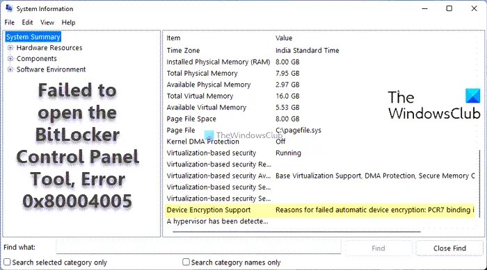 Failed to open the BitLocker Control Panel Tool, Error 0x80004005