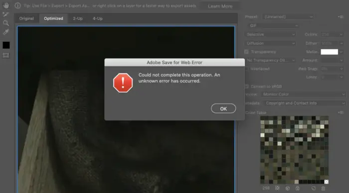 Fix Adobe Save for Web Error