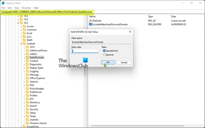 Modify ExcludeHttpsAutoDiscoverDomain registry key