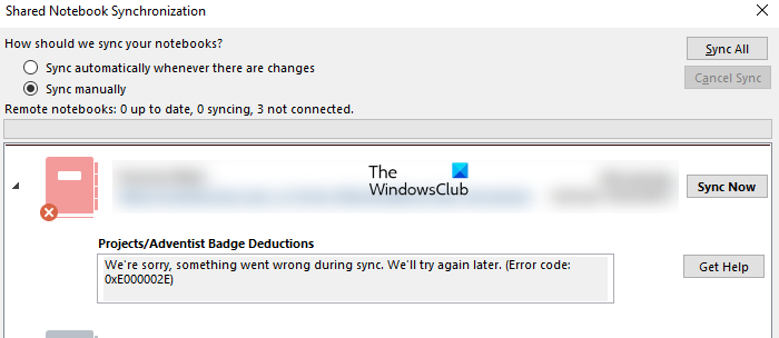 OneNote sync error 0xE000002E