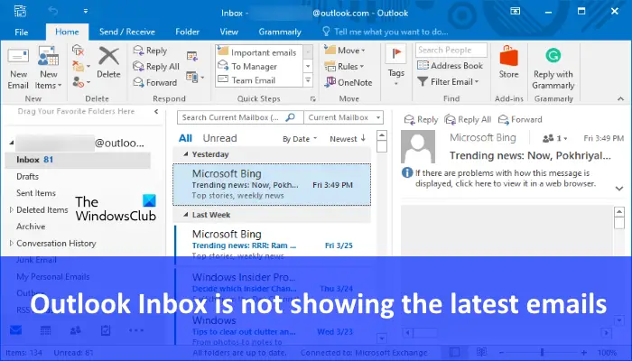 Microsoft Outlook inbox is not showing the latest emails