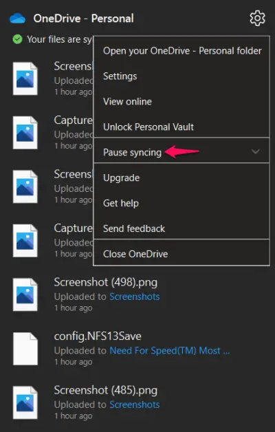 Pause syncing OneDrive