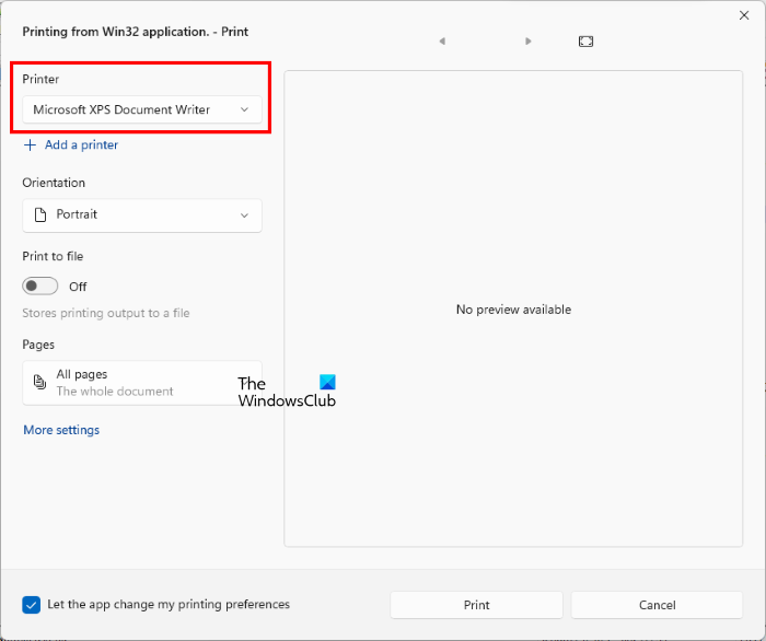 Print document via Microsoft XPS Document Writer