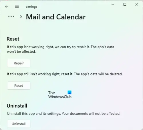 Repair/Reset Mail and Calendar app