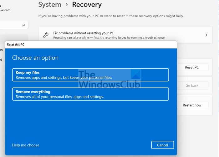 Redefinir o método de recuperação de PC