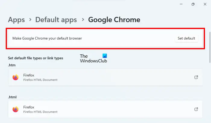 Set Google Chrome as default browser