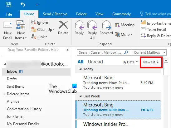 Sort emails by Newest in Outlook