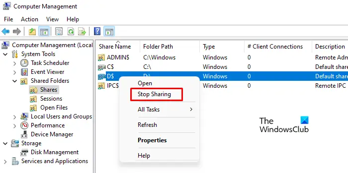 Stop sharing folder using Computer management