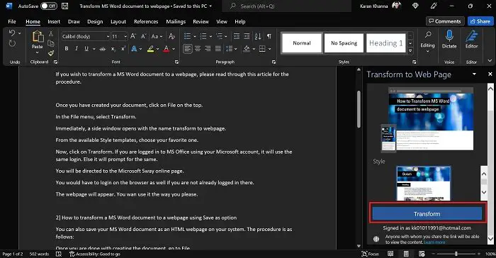 Transform MS Word document to webpage