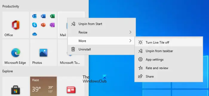 Turn Live Tile off for Windows 10 Mail