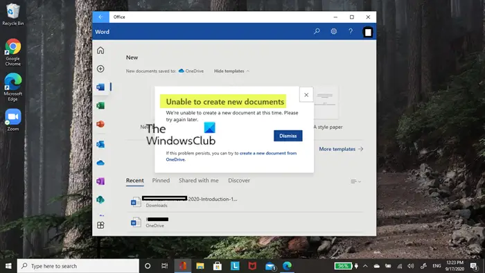 Unable to create new documents in Office 365