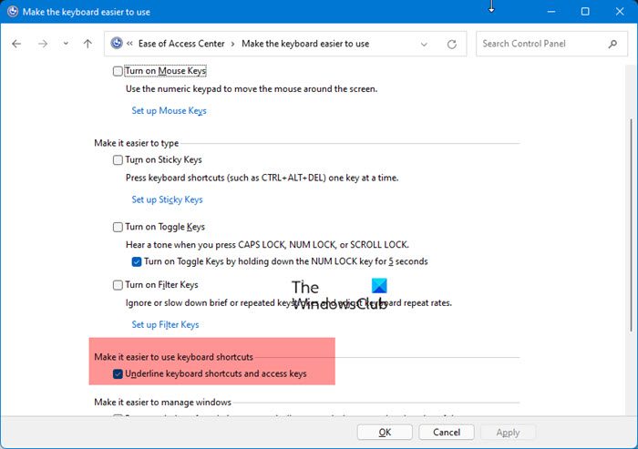 Underline keyboard shortcuts access keys