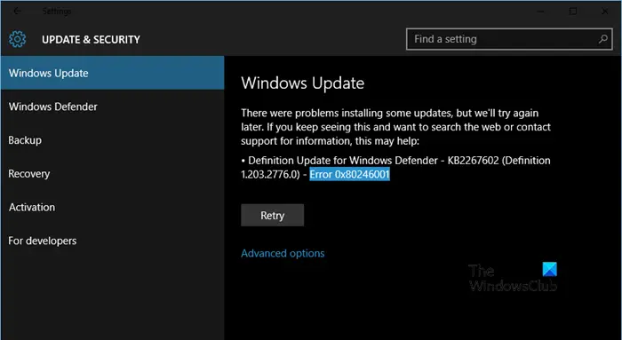 Windows Update Error 0x80246001
