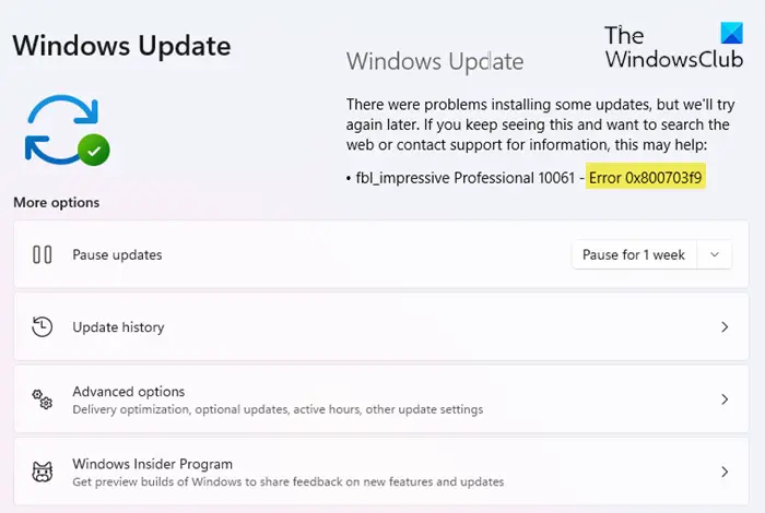 Windows Update-Fehler Fehler 0X800703F9