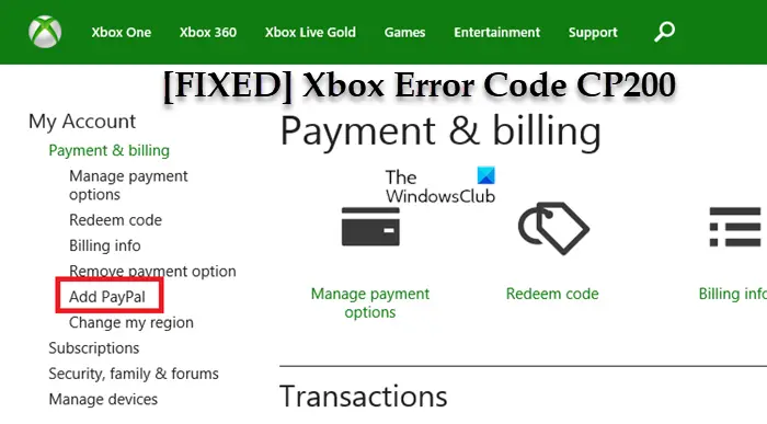 Error CP200 when accessing Billing Information on Xbox or PC