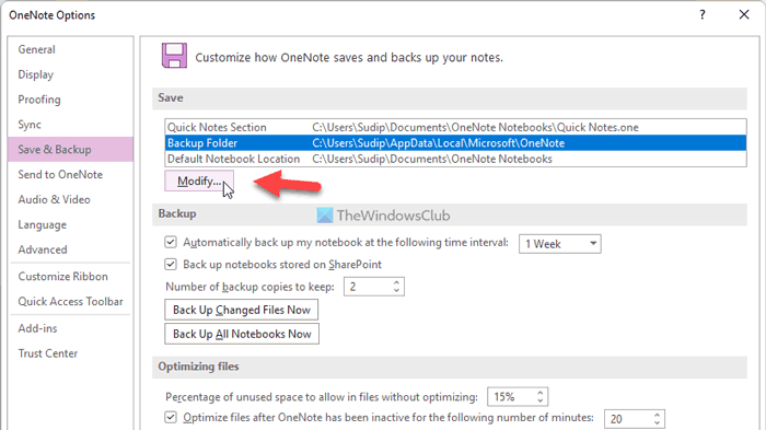 How to change OneNote backup folder in Windows 11/10