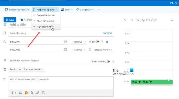 Send Outlook invite without showing recipients