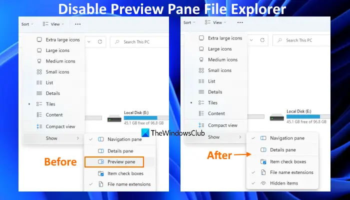 disable preview pane file explorer