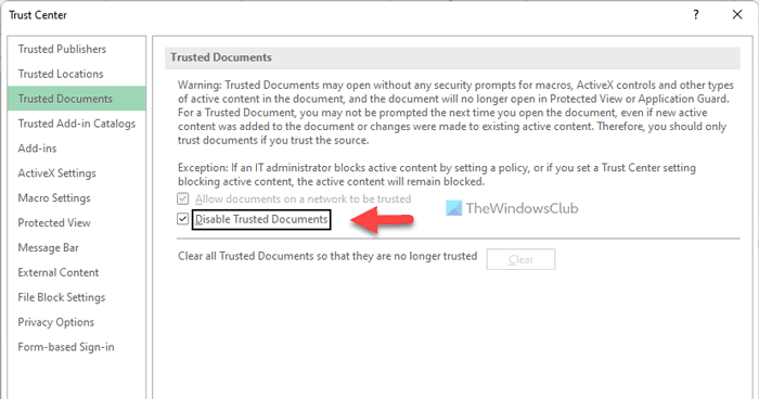 How to enable or disable Trusted Documents in Word, Excel, PowerPoint