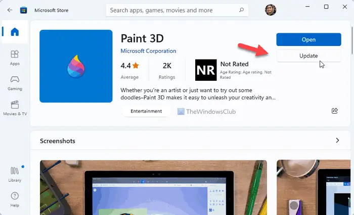 Paint 3D stuck at We are getting the update ready for you