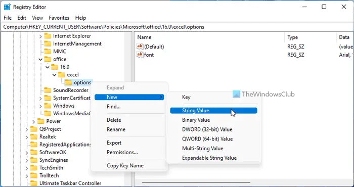 How to set default font in Excel using Registry and Group Policy