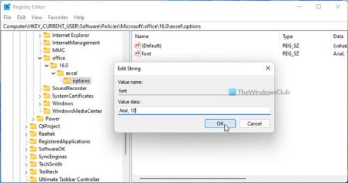 How to set default font in excel using registry and group policy