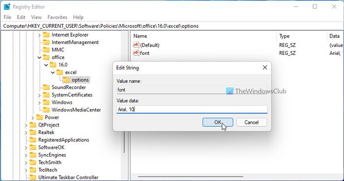 How to set default font in Excel using Registry and Group Policy