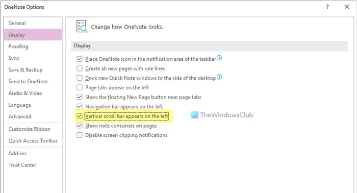 How to show vertical scroll bar on left in OneNote