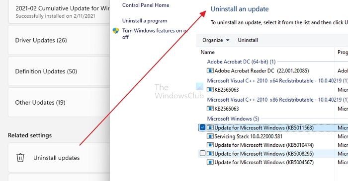 uninstall recent updates Windows