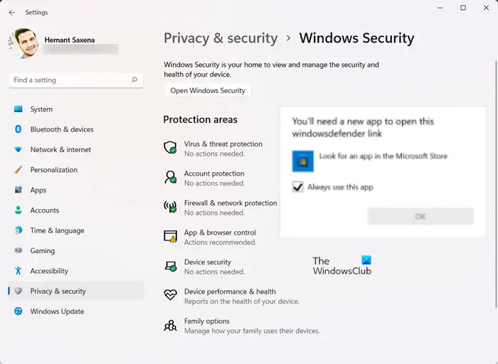 You'll need a new app to open this windowsdefender link