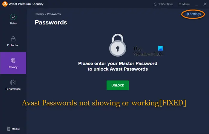 Avast Password Manager not showing or working