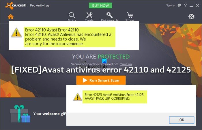 Avast antivirus error 42110 and 42125