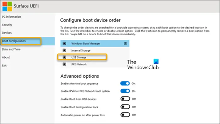 Boot configuration-Surface UEFI