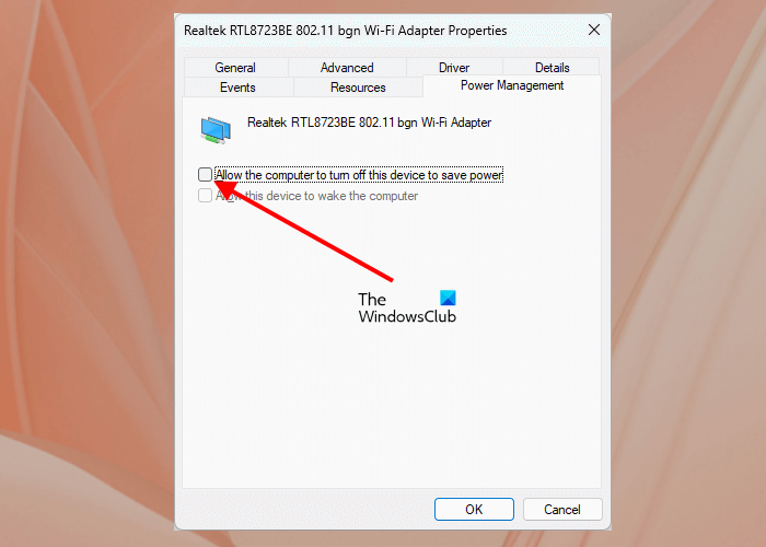 Change Power Management settings of Network adapter