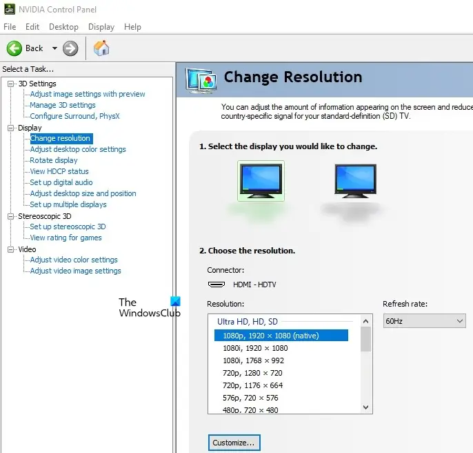 Change resolution using Intel NVIDIA Control Panel