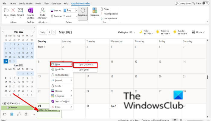 Click Open then Open Occurrence (Recurring Calendar)