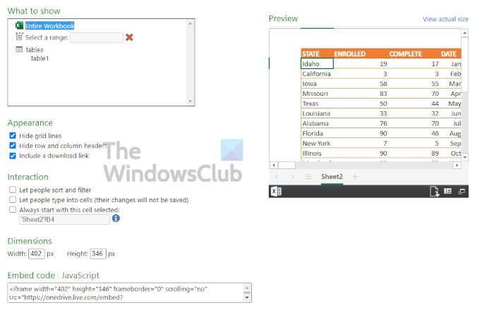 Customize Embed Code Excel