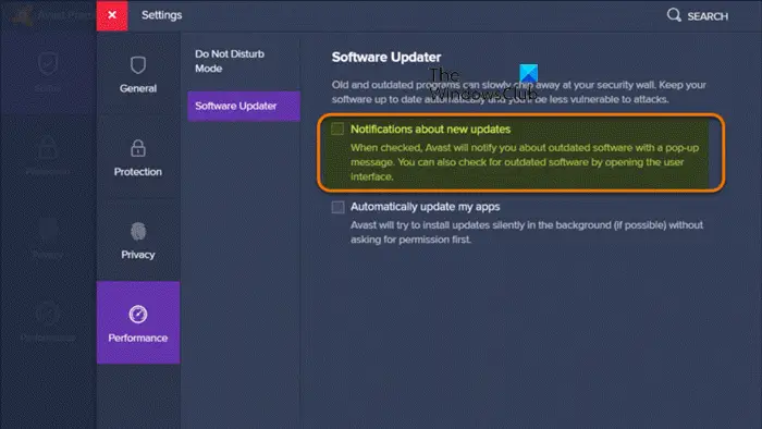 Disable Avast Updater Notifications