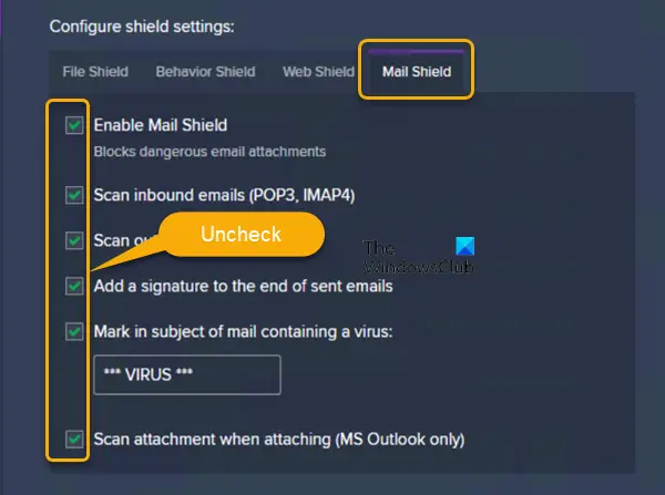 Disable Mail Shield