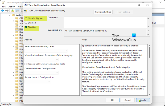 Disable Virtualization Based Security