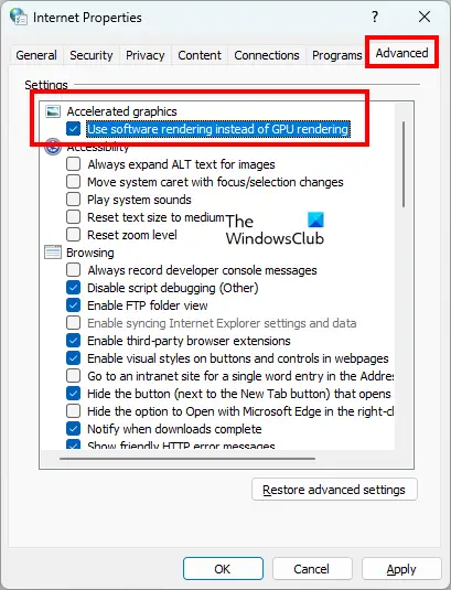 Enable software rendering in Windows