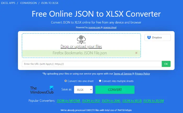 Free Online JSON to XLSX Converter