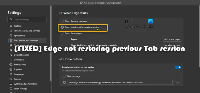 Microsoft Edge not restoring previous Tab session