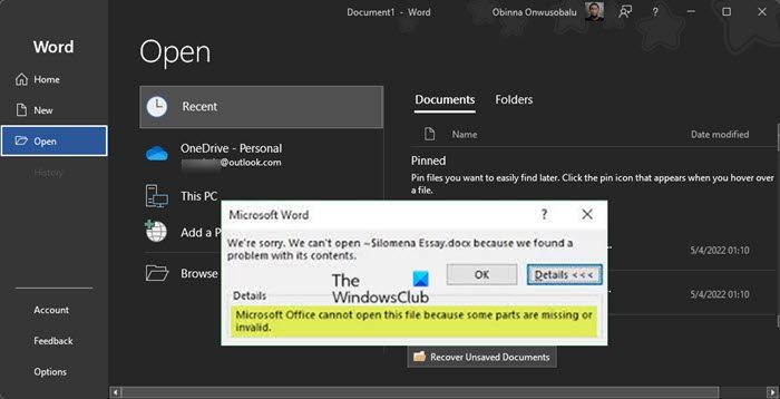 Microsoft Office cannot open this file because some parts are missing or invalid Microsoft Office cannot open this file because some parts are missing or invalid
