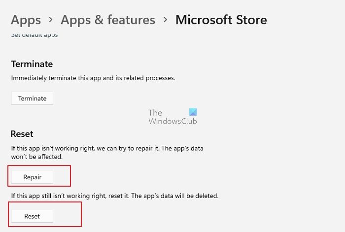 Reset Microsoft Store via Settings app