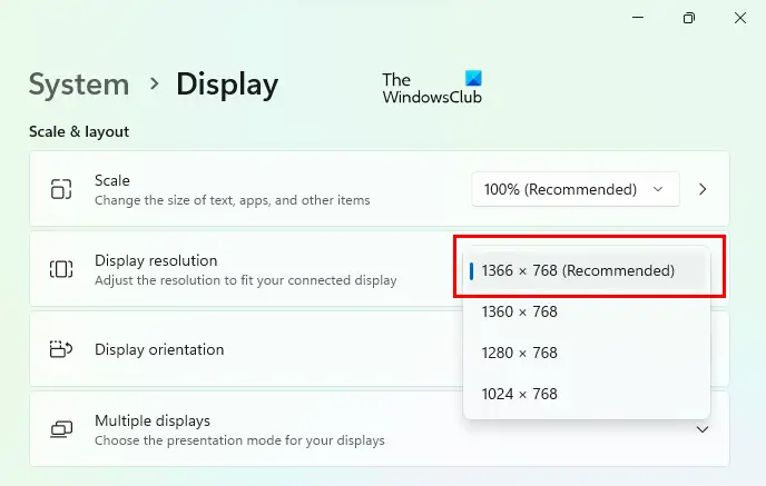 Select the recommended display resolution