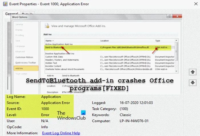 SendToBluetooth add-in crashes Office programs on Windows 11/10