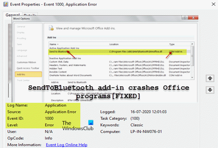 SendToBluetooth add-in crashes Office programs